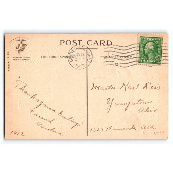 Ellen Clapsaddle Thanksgiving Wish Postcard Turkey Embossed 1912 Signed Germany - Picture 2 of 2